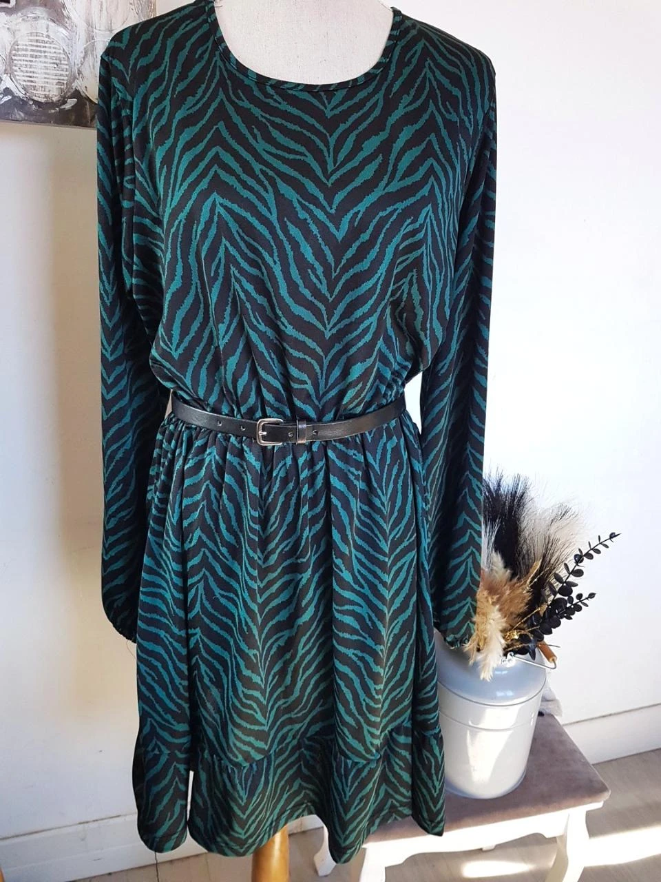 🦓 Robe fluide motif zèbre vert sapin et noir - Taille XL (42/44)